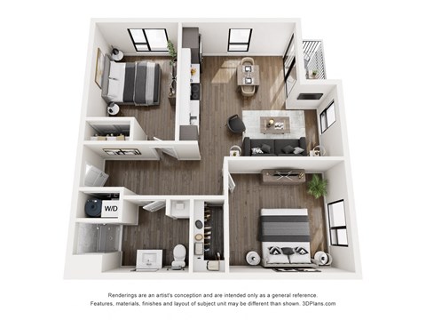 A 3D floor plan of a small apartment with a living room, kitchen, and bedroom.